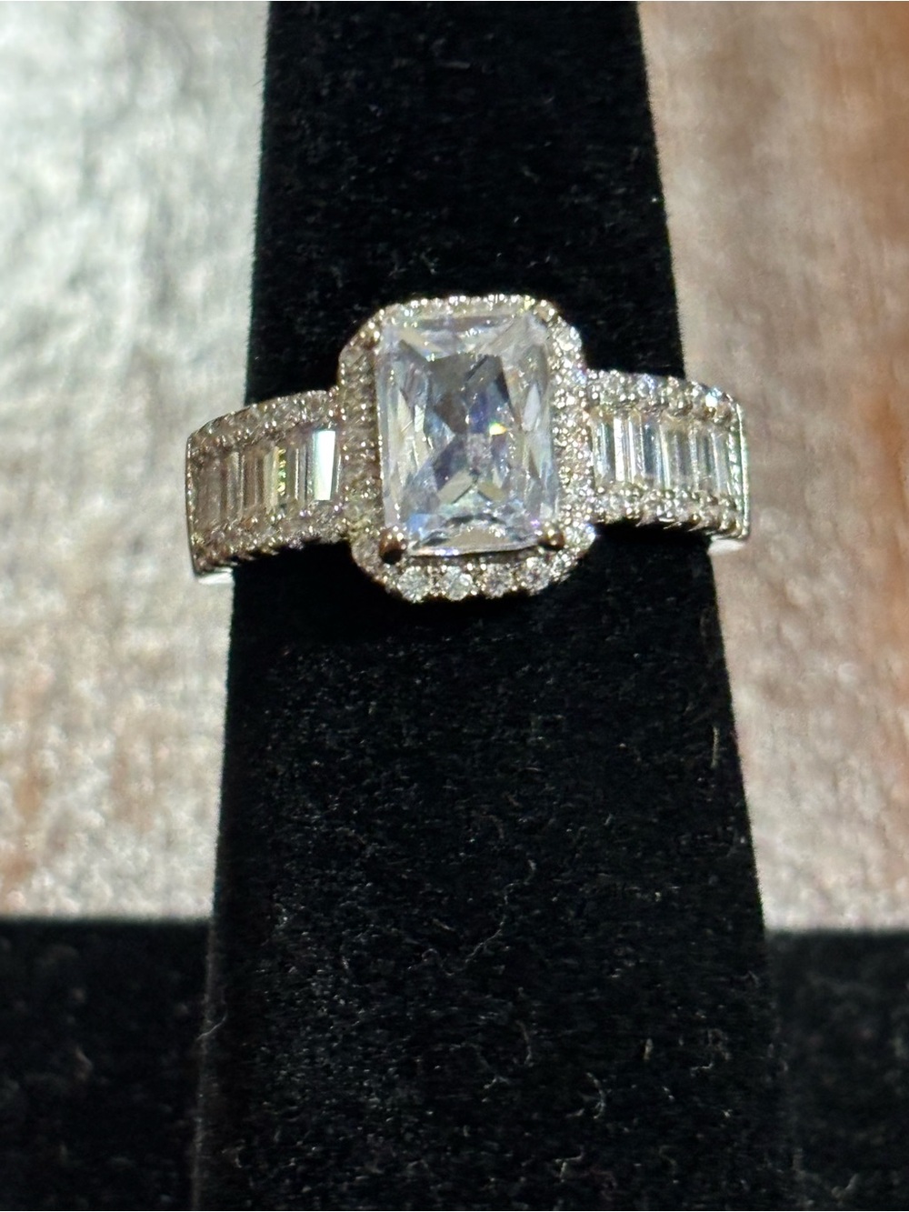 Radiant Emerald-Cut Cubic Zirconia Halo Ring in Silver Tone - Clear